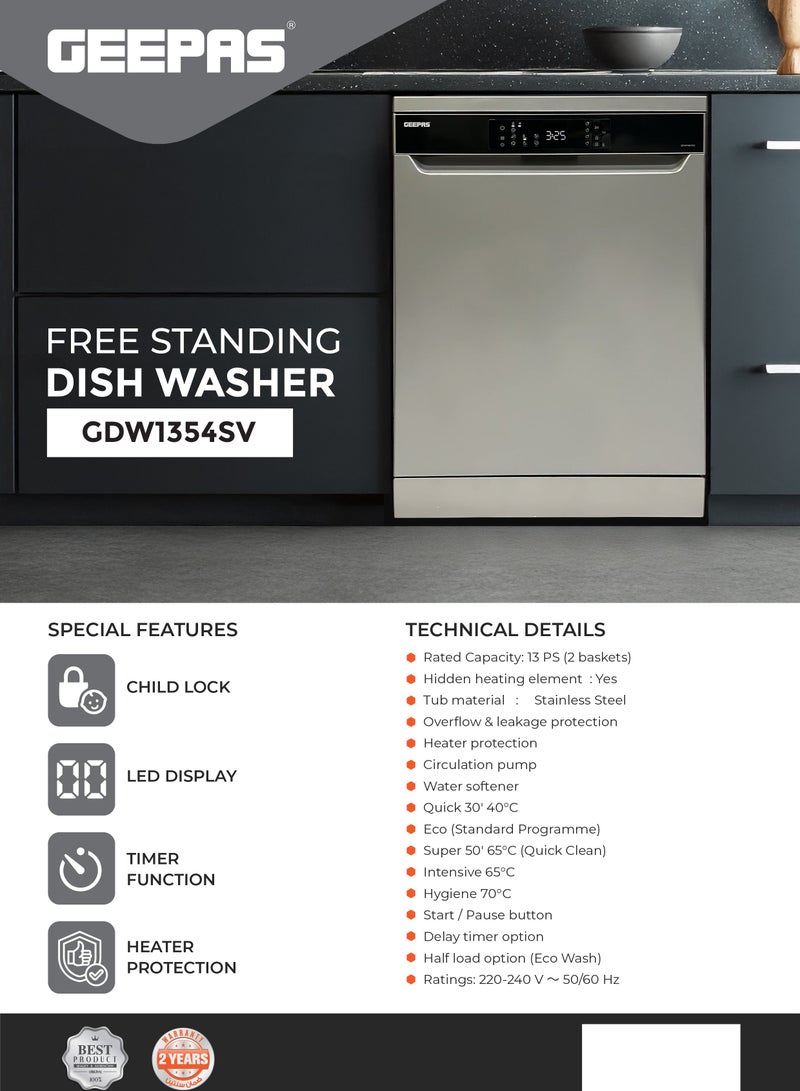 جيباس غسالة صحون قائمة بذاتها 13 إعداد مكان 5 برامج | شاشة LED، وظيفة المؤقت، حماية السخان | غسيل صديق للبيئة، خيار مؤقت التأخير، قفل الأطفال | - Image 3