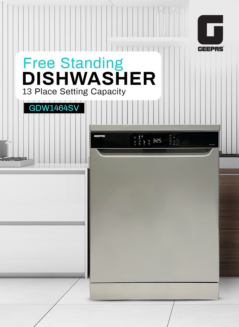 GEEPAS Free Standing Dishwasher 14 Place Settings 6 programs | LED Display, Timer Function, Heater Protection | Eco Wash, Delay Timer Option, Child Lock | GDW1464SV silver - Image 1