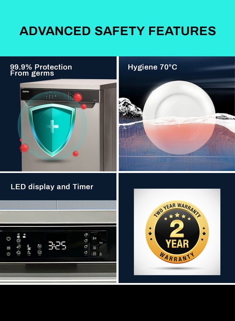 GEEPAS Free Standing Dishwasher 14 Place Settings 6 programs | LED Display, Timer Function, Heater Protection | Eco Wash, Delay Timer Option, Child Lock | GDW1464SV silver - Image 5