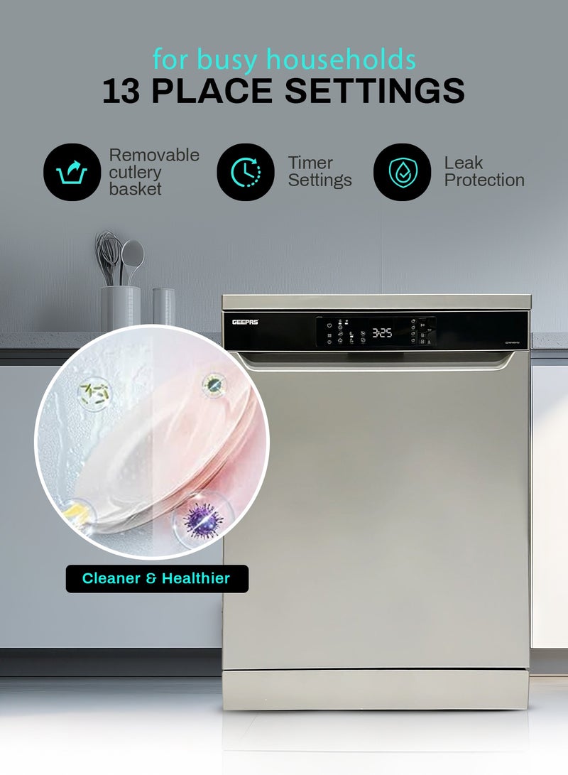 GEEPAS Free Standing Dishwasher 14 Place Settings 6 programs | LED Display, Timer Function, Heater Protection | Eco Wash, Delay Timer Option, Child Lock | GDW1464SV silver - Image 4