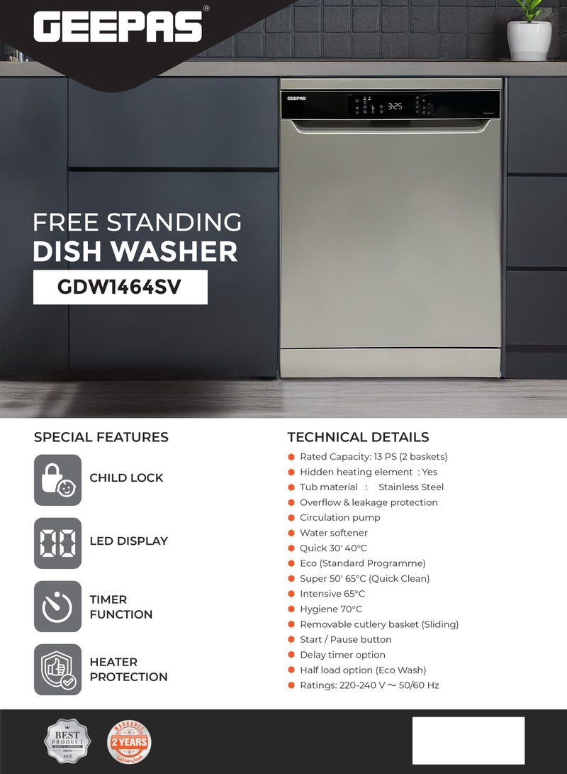 GEEPAS Free Standing Dishwasher 14 Place Settings 6 programs | LED Display, Timer Function, Heater Protection | Eco Wash, Delay Timer Option, Child Lock | GDW1464SV silver - Image 3
