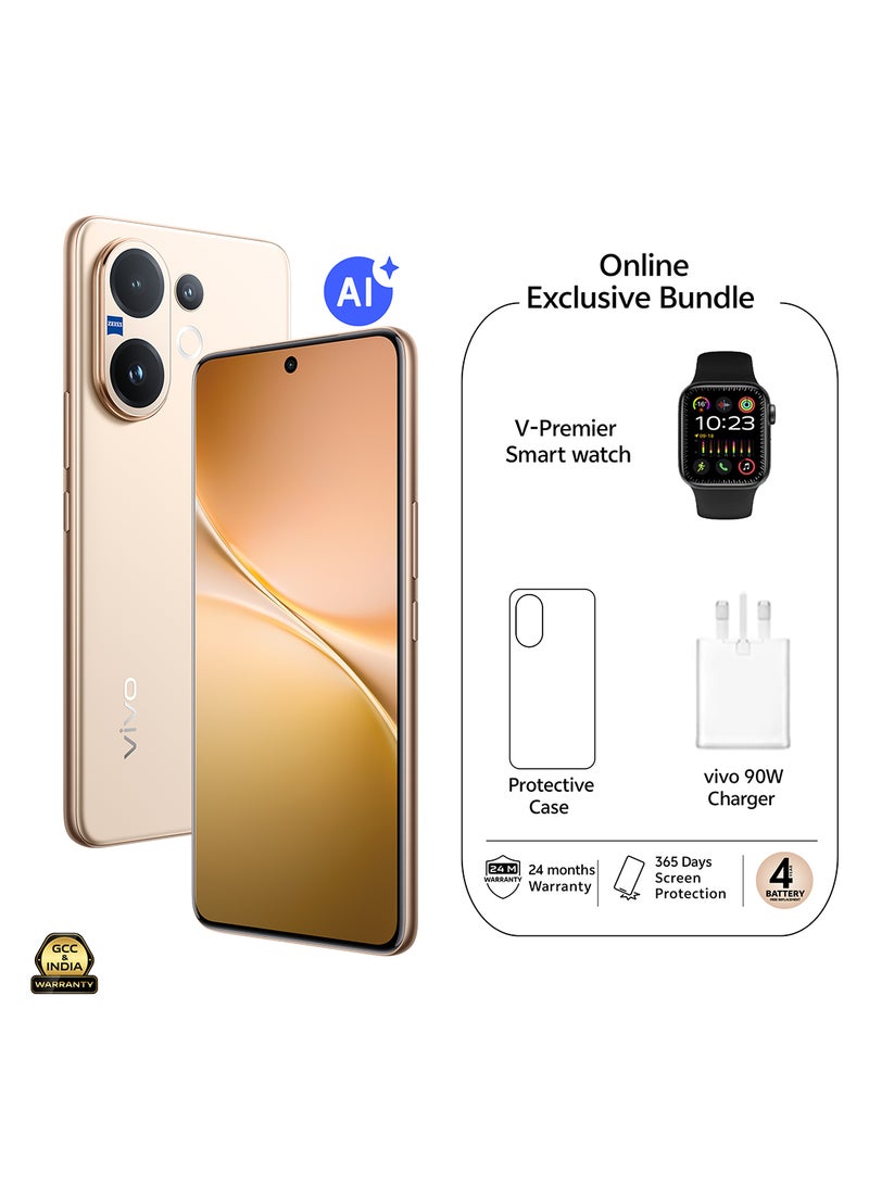 فيفو V60 AI ثنائي الشريحة 5G ذهب صحراوي 12GB RAM 256GB مع هدايا حصرية - ساعة ذكية، شاحن 90W وضمان 24 شهر + 1 سنة استبدال الشاشة - نسخة الشرق الأوسط - Image 1