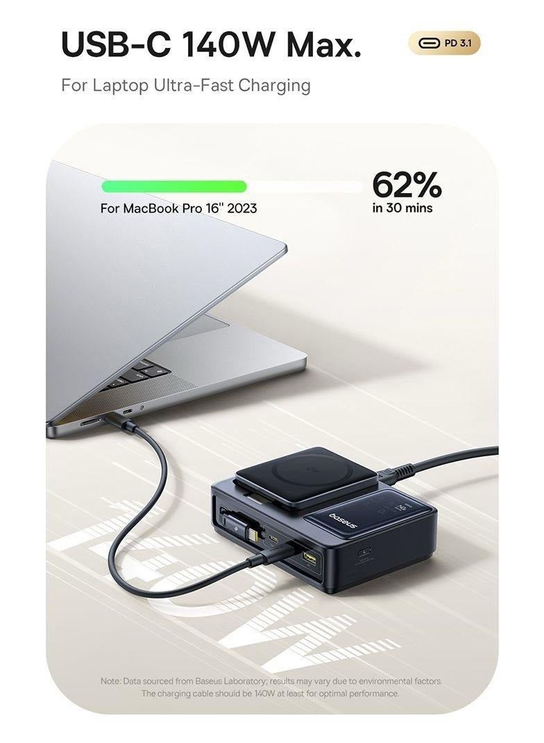 بيسوس Nomos 5-in-1: The Ultimate 140W Desktop Charging Hub with Qi2 & Retractable Cable Black - Image 5