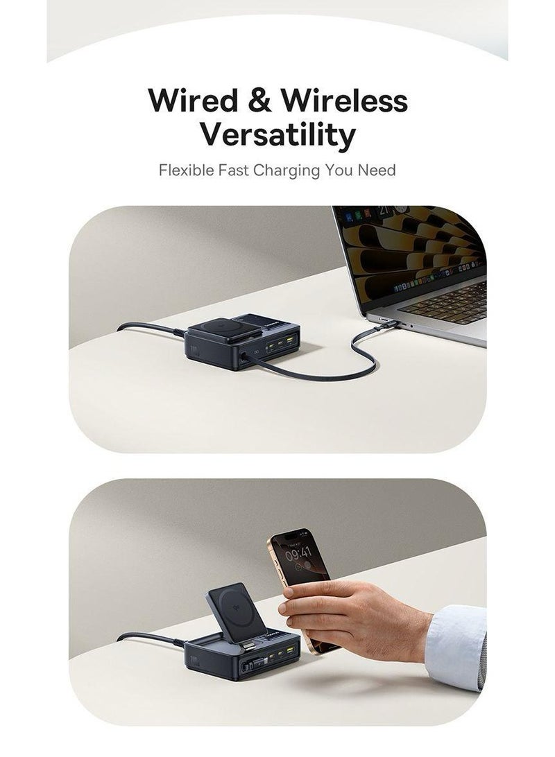 بيسوس Nomos 5-in-1: The Ultimate 140W Desktop Charging Hub with Qi2 & Retractable Cable Black - Image 3