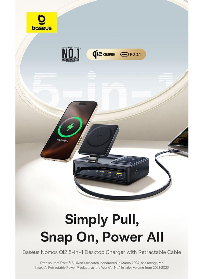 بيسوس Nomos 5-in-1: The Ultimate 140W Desktop Charging Hub with Qi2 & Retractable Cable Black - Image 4