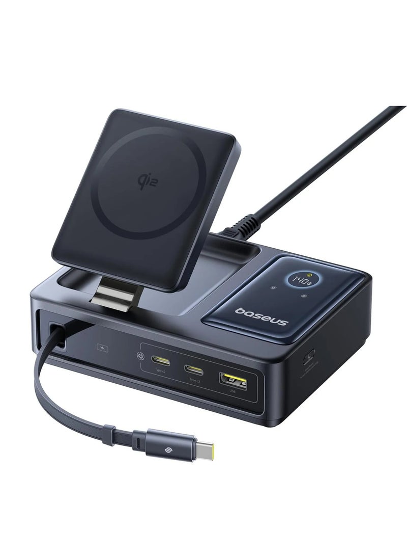 بيسوس Nomos 5-in-1: The Ultimate 140W Desktop Charging Hub with Qi2 & Retractable Cable Black - Image 1