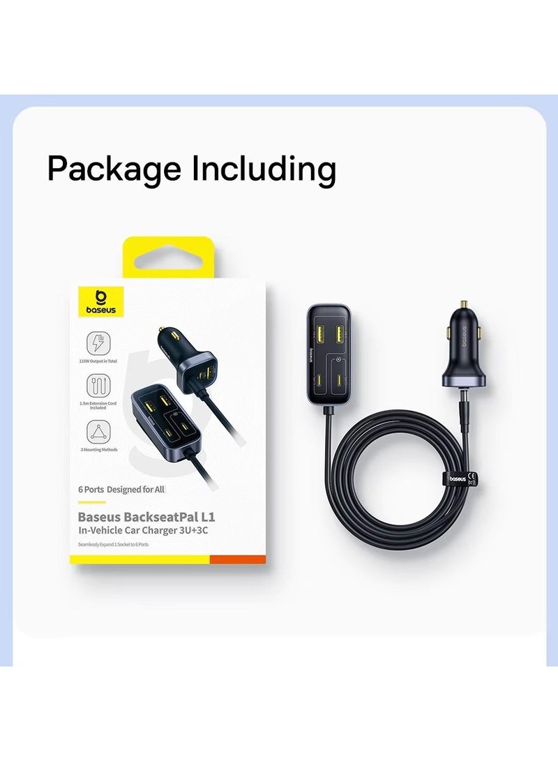 Baseus Backseat Pal L1 Car Charger – 110W Fast Charging Multi-Port Adapter with 3 USB-A & 3 Type-C Ports, 1.5m Extension Cable & 3 Mounting Methods – Perfect for Family Road Trips & Passenger Devices Back - Image 4