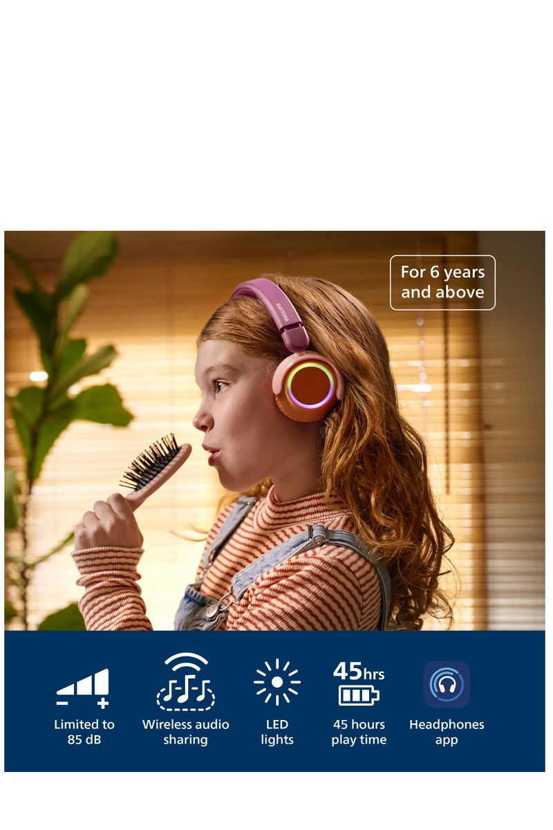 فيليبس TAK4200MP Kids Wireless On-Ear Headphones with Mic, 85dB safe Volume, 45H Playtime, Colorful LED Earcups, Bluetooth 5.4, Foldable & Durable, USB-C Charging Cable, Over-Ear Headset for Online Learning, School, Travel, Play (Magenta Purple) Magenta Purple - Image 2