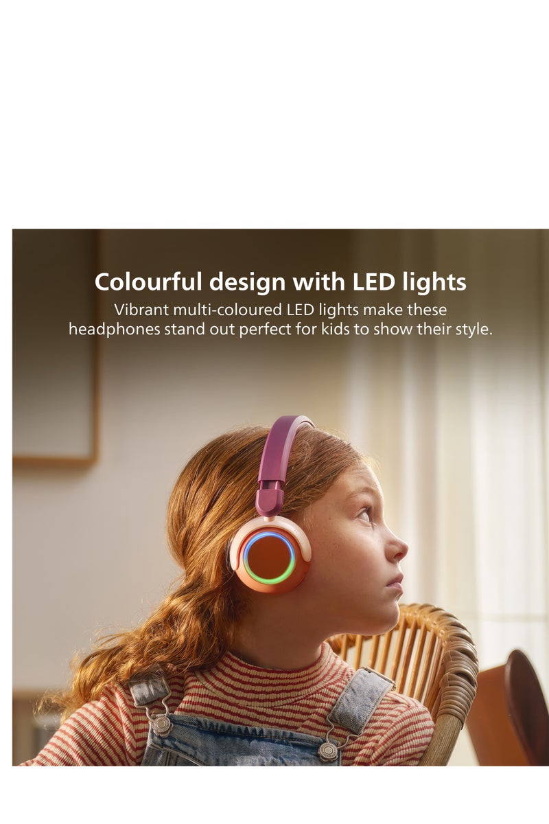فيليبس TAK4200MP Kids Wireless On-Ear Headphones with Mic, 85dB safe Volume, 45H Playtime, Colorful LED Earcups, Bluetooth 5.4, Foldable & Durable, USB-C Charging Cable, Over-Ear Headset for Online Learning, School, Travel, Play (Magenta Purple) Magenta Purple - Image 4
