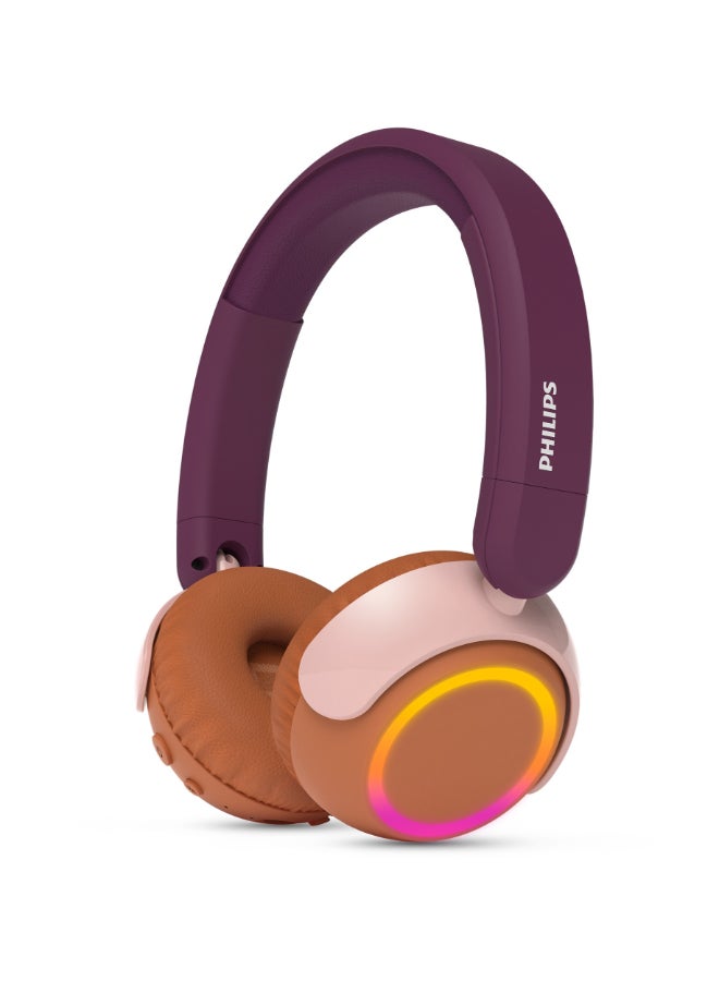 فيليبس TAK4200MP Kids Wireless On-Ear Headphones with Mic, 85dB safe Volume, 45H Playtime, Colorful LED Earcups, Bluetooth 5.4, Foldable & Durable, USB-C Charging Cable, Over-Ear Headset for Online Learning, School, Travel, Play (Magenta Purple) Magenta Purple - Image 1