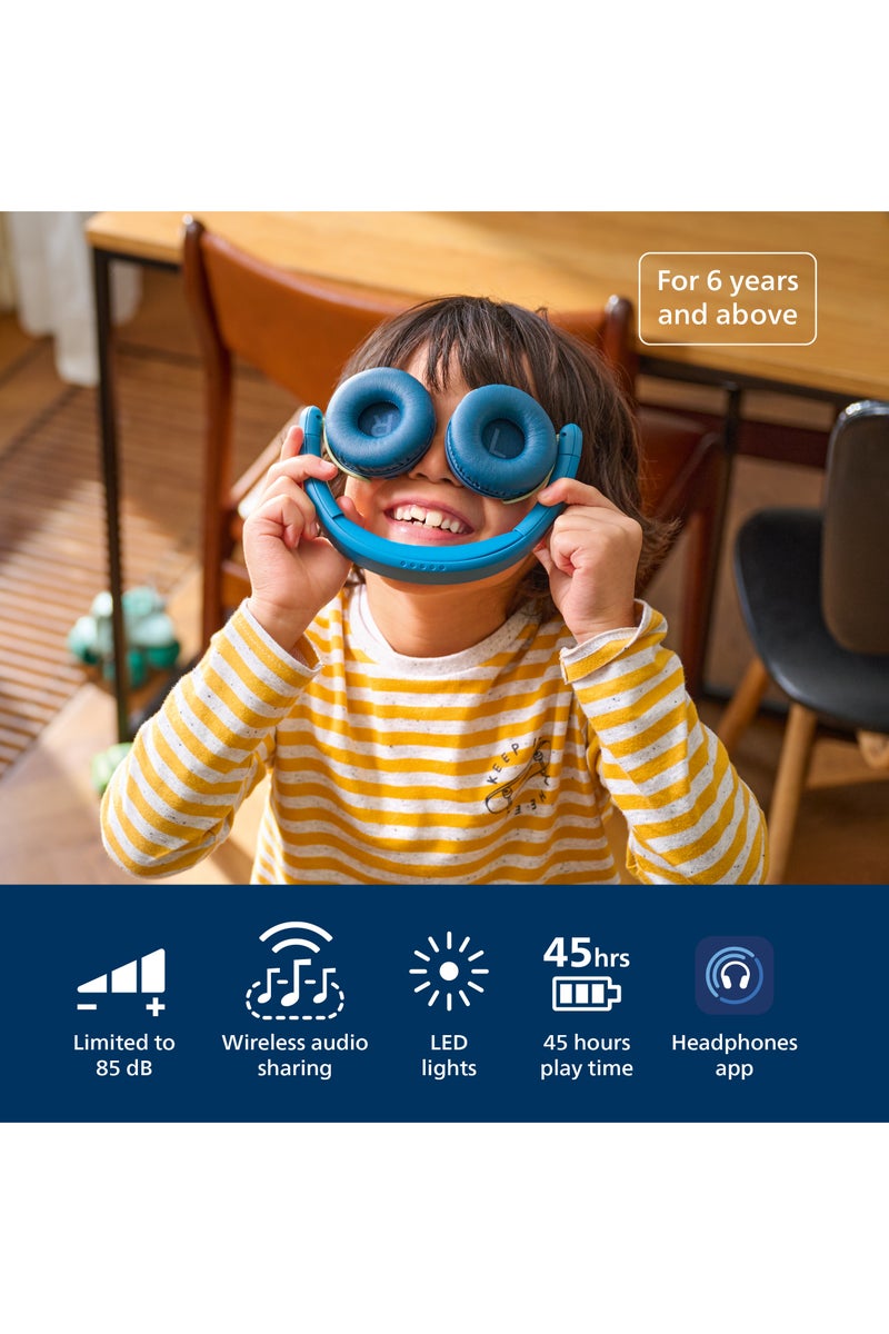 فيليبس TAK4200CT Kids Wireless On-Ear Headphones with Mic, 85dB safe Volume, 45H Playtime, Colorful LED Earcups, Bluetooth 5.4, Foldable & Durable, USB-C Charging Cable, Over-Ear Headset for Online Learning, School, Travel, Play (Chrystal Teal) Chrystal Teal - Image 2