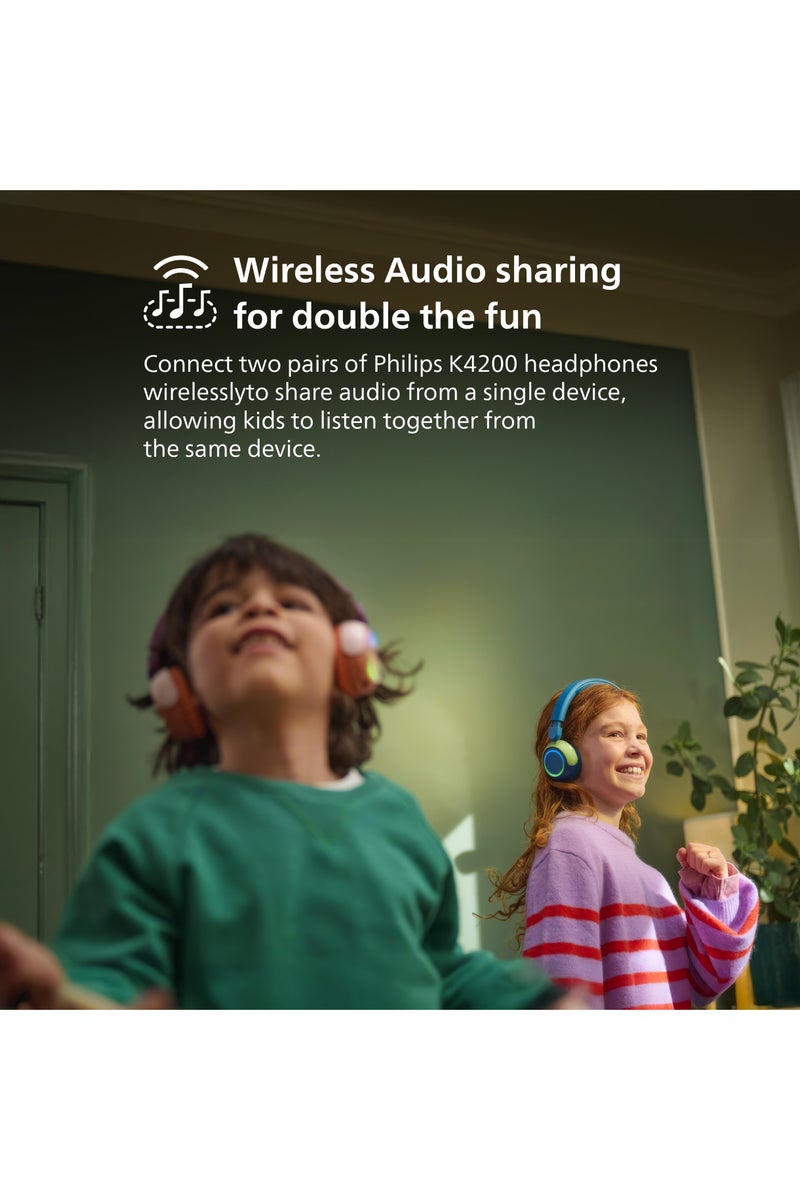 فيليبس TAK4200CT Kids Wireless On-Ear Headphones with Mic, 85dB safe Volume, 45H Playtime, Colorful LED Earcups, Bluetooth 5.4, Foldable & Durable, USB-C Charging Cable, Over-Ear Headset for Online Learning, School, Travel, Play (Chrystal Teal) Chrystal Teal - Image 5