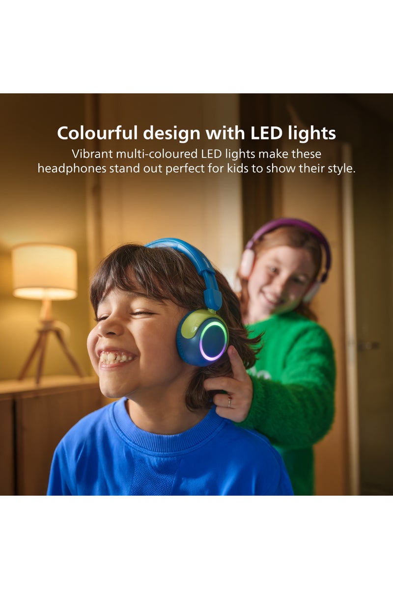 فيليبس TAK4200CT Kids Wireless On-Ear Headphones with Mic, 85dB safe Volume, 45H Playtime, Colorful LED Earcups, Bluetooth 5.4, Foldable & Durable, USB-C Charging Cable, Over-Ear Headset for Online Learning, School, Travel, Play (Chrystal Teal) Chrystal Teal - Image 4