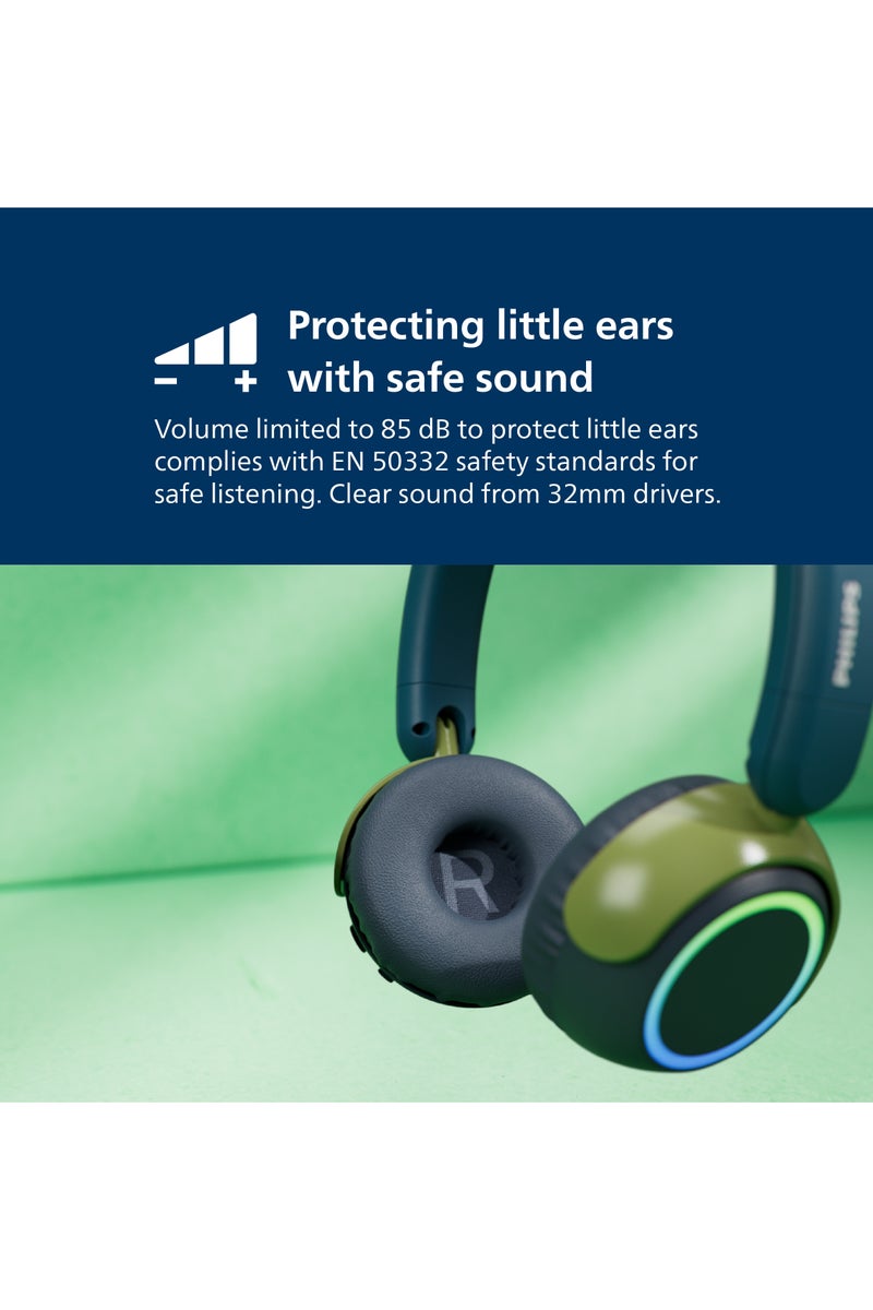 فيليبس TAK4200CT Kids Wireless On-Ear Headphones with Mic, 85dB safe Volume, 45H Playtime, Colorful LED Earcups, Bluetooth 5.4, Foldable & Durable, USB-C Charging Cable, Over-Ear Headset for Online Learning, School, Travel, Play (Chrystal Teal) Chrystal Teal - Image 3