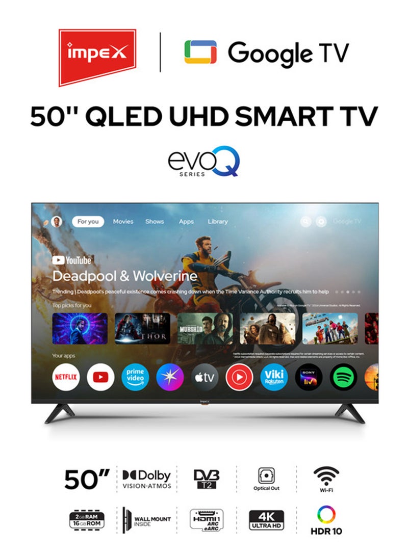 Impex 50 Inch Google QLED TV – 4K Ultra HD, Television, Dolby Audio, HDMI ARC, DVB T2/S2, 2GB RAM + 16GB ROM, Voice Remote, Bluetooth/WiFi, Wall Mount, 2xUSB, 3xHDMI – 2-Year Warranty - evoQ 50S4QLC2R120 Black - Image 1