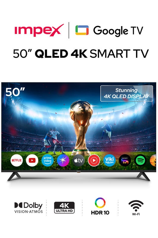 إمبكس تلفاز جوجل QLED بحجم 50 بوصة – 4K Ultra HD، تلفاز، صوت دولبي، HDMI ARC، DVB T2/S2، 2GB RAM + 16GB ROM، جهاز تحكم صوتي، بلوتوث/WiFi، تركيب على الحائط، 2xUSB، 3xHDMI – ضمان لمدة سنتين - - Image 1