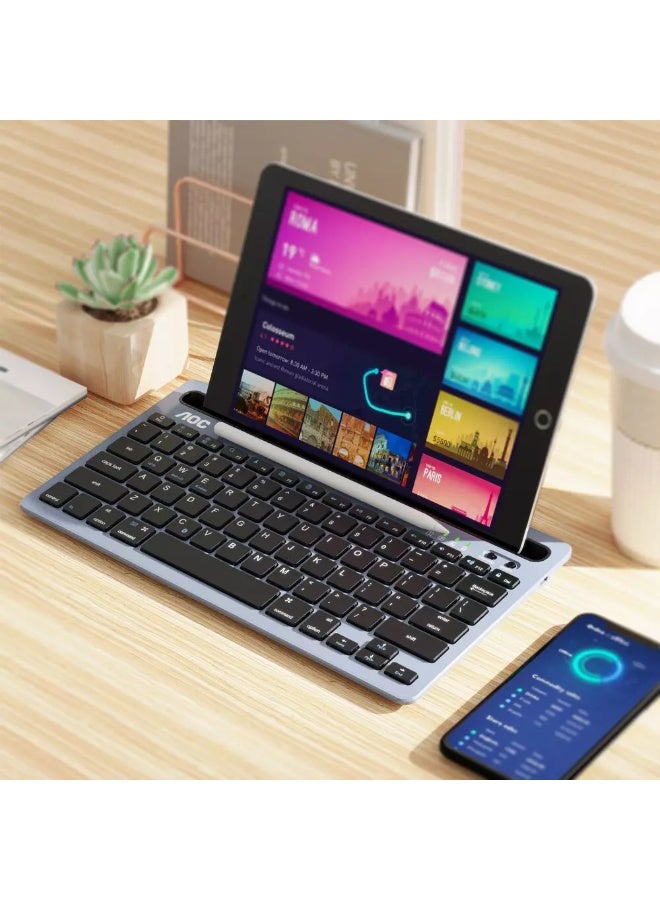 اي او سي Wireless Bluetooth Keyboard with Integrated Stand, Support Multi Devices for iPhone/iPad/Tablet/PC, 78Keys Rechargeable Silent Portable Keyboard Stand Slot for Windows/Android/iOS/Mac OS white - Image 1