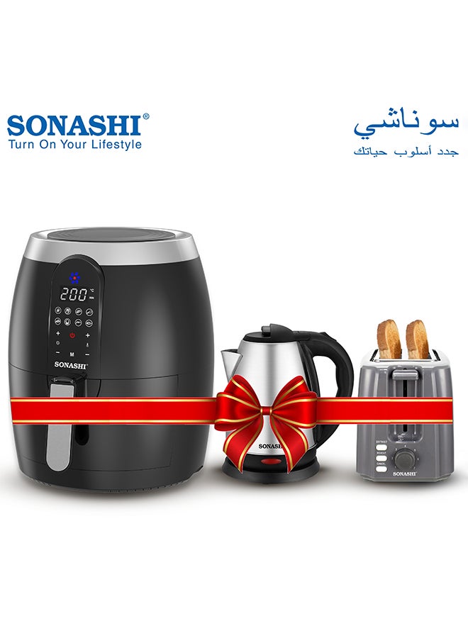 سوناشي قلاية هوائية رقمية سعة 3.5 لتر، محمصة خبز لشريحتين وغلاية بدون سلك سعة 1.8 لتر، مجموعة قلاية هوائية مع 8 وظائف قائمة طهي تلقائية، محمصة مع تحكم في درجة التحميص قابل للتعديل 7، غلاية مع حماية من الغليان الجاف، SAF-350 + ST-210 + SKT-1804 - Image 1