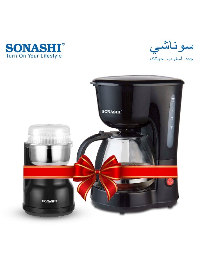 سوناشي مطحنة قهوة متعددة الاستخدامات سعة 220 مل مع ماكينة قهوة بالتنقيط سعة 0.75 لتر، مطحنة توابل مع وعاء من الفولاذ المقاوم للصدأ - مناسبة للتوابل، حبوب القهوة، المكسرات، الفواكه المجففة، إلخ، ماكينة قهوة مع فلتر دائم ووظيفة مضادة للتنقيط، SCG-4007 + SCM-4920 - Image 1
