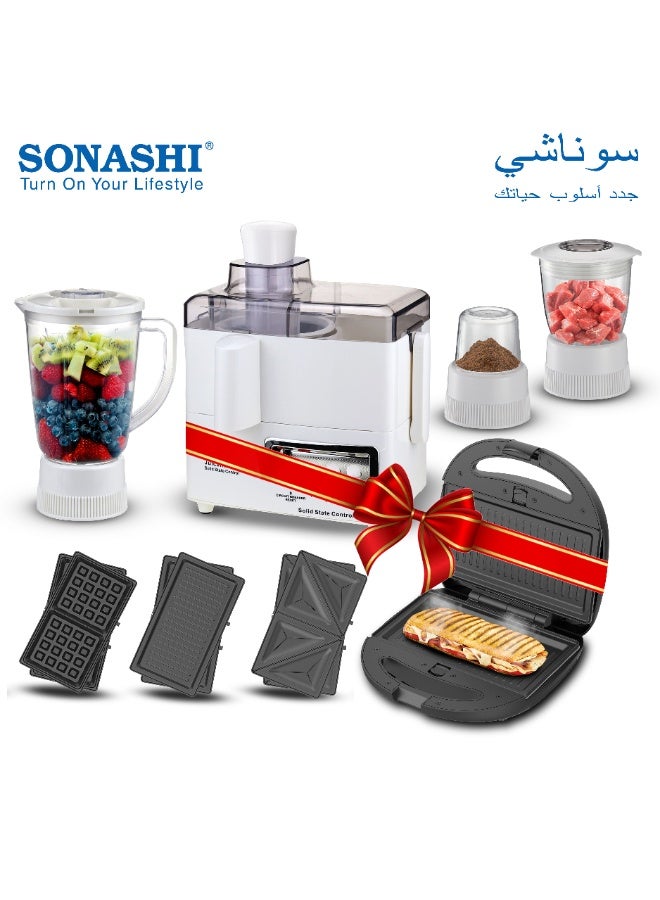 SONASHI Multi-Snack Maker 3-in-1 with 4 in 1 Juicer Combo, Snack Maker Cooks Delicious Crispy Sandwiches/Waffles/Grills, 1.5L Juicer with Blender, Chopper & Grinder, SSM-861N + SJB-307N 500 W SSM-861N + SJB-307N White & Black - Image 1