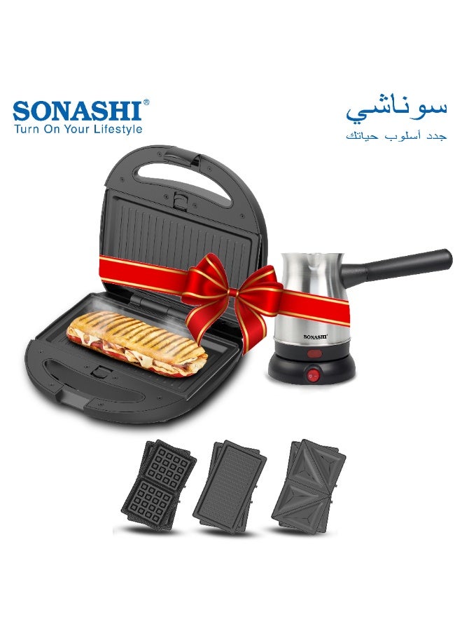 سوناشي صانع الوجبات المتعددة 3 في 1 مع ماكينة القهوة التركية سعة 800 مل، صانع الوجبات يطبخ ساندويتشات/وافل/شواء لذيذة ومقرمشة، ماكينة القهوة بقاعدة لاسلكية بزاوية 360 درجة ومقبض قابل للإزالة، SSM-861N + STCM-4972 - Image 1