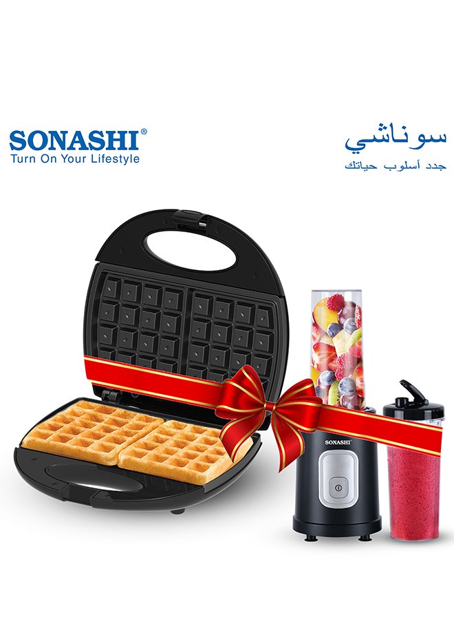 سوناشي خلاط رياضي/صانع سموذي مع صانع وافل بشريحتين، خلاط بزر واحد و600 مل زجاجة رياضية غير قابلة للكسر مع غطاء، صانع وافل مع لوحة غير لاصقة ونظام قفل المقبض، SB-200 + SWM-873 - Image 1