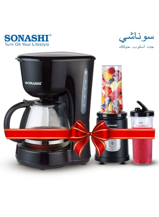 سوناشي خلاط رياضي/صانع سموذي مع ماكينة قهوة بالتنقيط سعة 0.75 لتر، خلاط بزر ضغط واحد وزجاجة رياضية غير قابلة للكسر سعة 600 مل مع غطاء، ماكينة قهوة مع فلتر دائم ووظيفة مضادة للتنقيط، SB-200 + SCM-4920 - Image 1