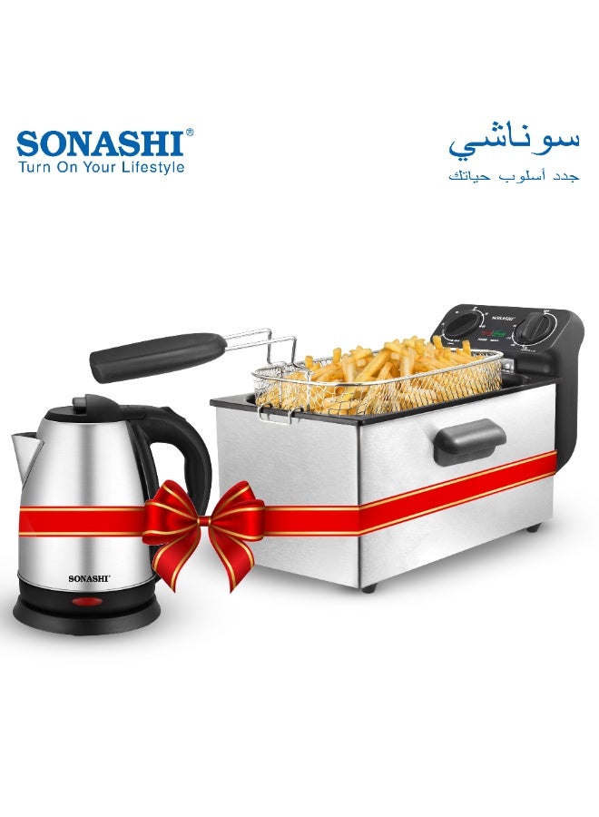 SONASHI 3L Electric Deep Fryer with 1.8L Cordless Kettle Combo, Deep Fryer - Perfect for French Fries, Chicken Wings, Kettle with Concealed Heating Element and Boil-Dry Protection, SDF-5011N + SKT-1804 3 L 2000 W SDF-5011N + SKT-1804 silver - Image 1