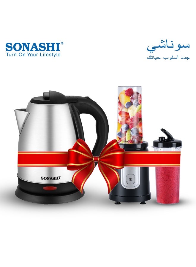 سوناشي خلاط رياضي/صانع سموزي مع غلاية بدون سلك سعة 1.8 لتر، خلاط بزر واحد وعبوة رياضية غير قابلة للكسر سعة 600 مل مع غطاء، غلاية مع عنصر تسخين مخفي وحماية من الغليان الجاف، الأفضل للمطبخ، SB-200 + SKT-1804 - Image 1