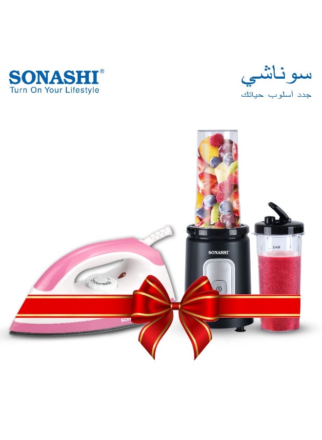 سوناشي خلاط رياضي/صانع سموذي مع 1200 واط مجموعة مكواة جافة، خلاط مع زر لمسة واحدة وزجاجة رياضية غير قابلة للكسر سعة 600 مل مع غطاء، قاعدة ثقيلة من الحديد - مثالي لجميع أنواع الملابس، SB-200 + SDI-6007P - Image 1