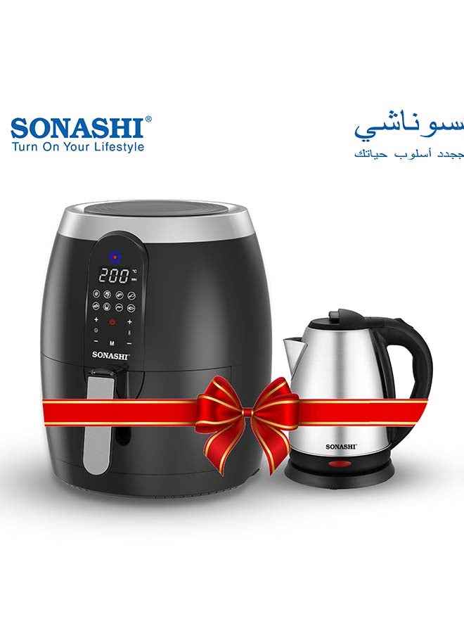 SONASHI 3.5L Digital Air Fryer With 1.8L Cordless Kettle Combo, Air Fryer with 8 Auto-Cook Menu Functions and LED Display-Touch Screen, Kettle with Concealed Heating Element and Boil-Dry Protection, Best for Kitchen, SAF-350 + SKT-1804 3.5 L 1400 W SAF-350 + SKT-1804 Black & Silver - Image 1