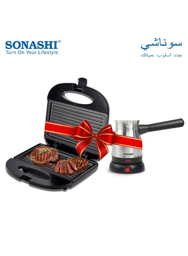 سوناشي شواية ساندويتش غير لاصقة لشريحتين مع صانع قهوة تركي بسعة 800 مل، صانع شواية بقوة 750 واط مع نظام قفل المقبض، صانع قهوة بقاعدة خالية من الأسلاك بزاوية 360 درجة ومقبض قابل للإزالة، SGT-853N + STCM-4972 - Image 1