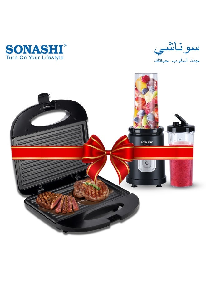 SONASHI 2 Slice Non-Stick Sandwich Grill with Sports Blender/Smoothie Maker, 750W Grill Maker with Handle Locking System, Blender with 1 Touch Button and 600ML Unbreakable Sports Bottle with Lid, SGT-853N + SB-200 750 W SGT-853N + SB-200 black - Image 1