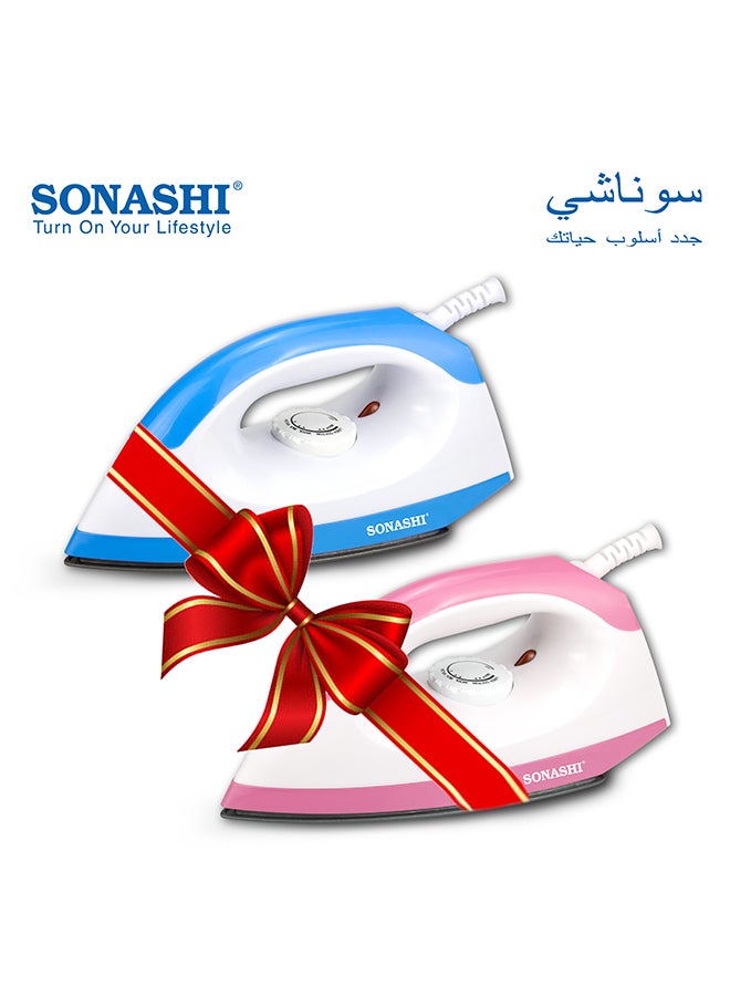 سوناشي مكواة جافة كومبو مع قاعدة من الفولاذ المقاوم للصدأ وتحكم في درجة الحرارة القابلة للتعديل | مكواة بقاعدة ثقيلة مع ضوء مؤشر | مثالية لجميع أنواع الملابس | 1200 واط SDI-6007 أزرق ووردي - Image 1