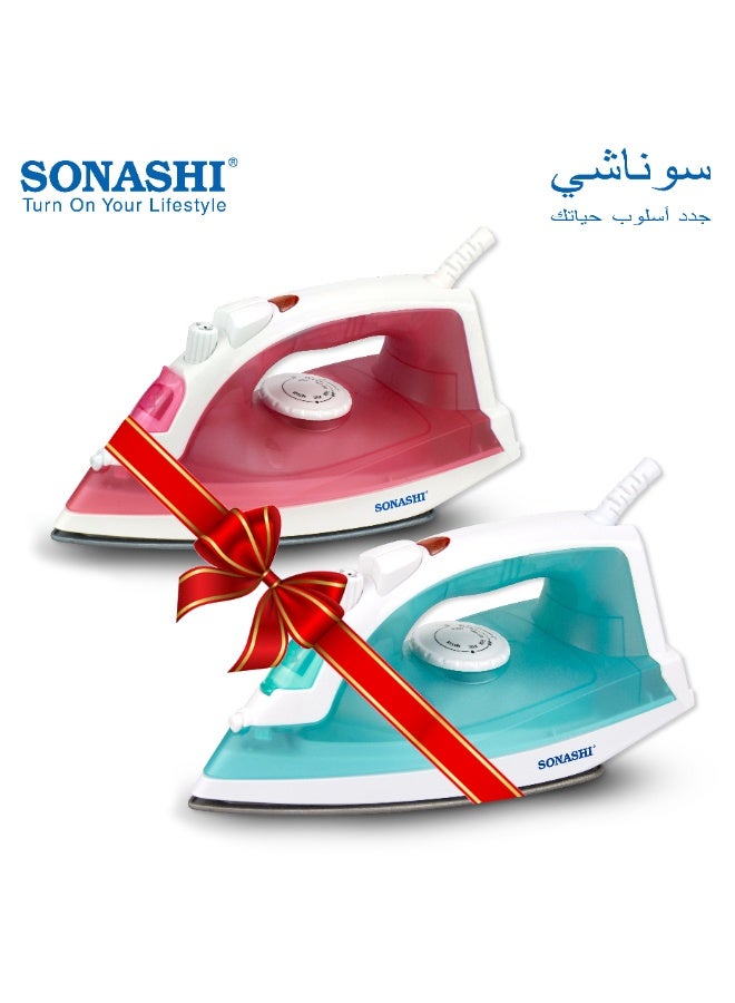 سوناشي مجموعة مكواة بخارية مع قاعدة غير لاصقة مع بخار، 3 أوضاع - بخار مفاجئ، رذاذ، مكواة جافة مع 100% ثقوب بخار نشطة، 1600 واط SI-5077T أخضر ووردي - Image 1