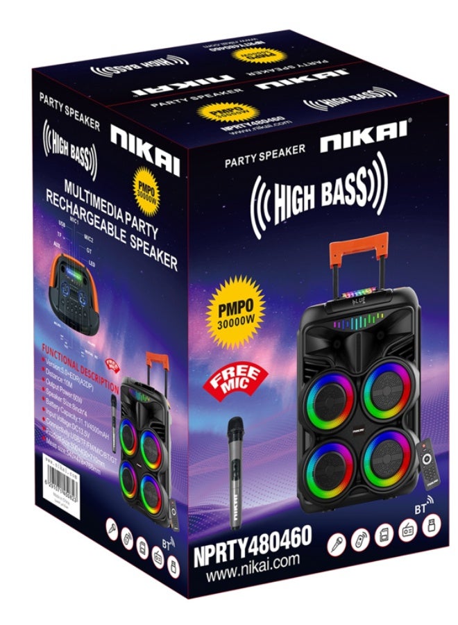NIKAI Multimedia Party Speakers Rechargeable, 60 Watts, 4x 8.5inch Spekaers, 30000 PMPO, with one free wireless mic NPRTY480460 black - Image 2