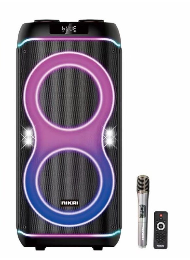 NIKAI Multimedia Party Speakers Rechargeable, 60 Watts, with 2x 8inch Subwoofer, Bluetooth, 30000 PMPO, 4500mah battery with one free wireless mic NPRTY960BT black - Image 1
