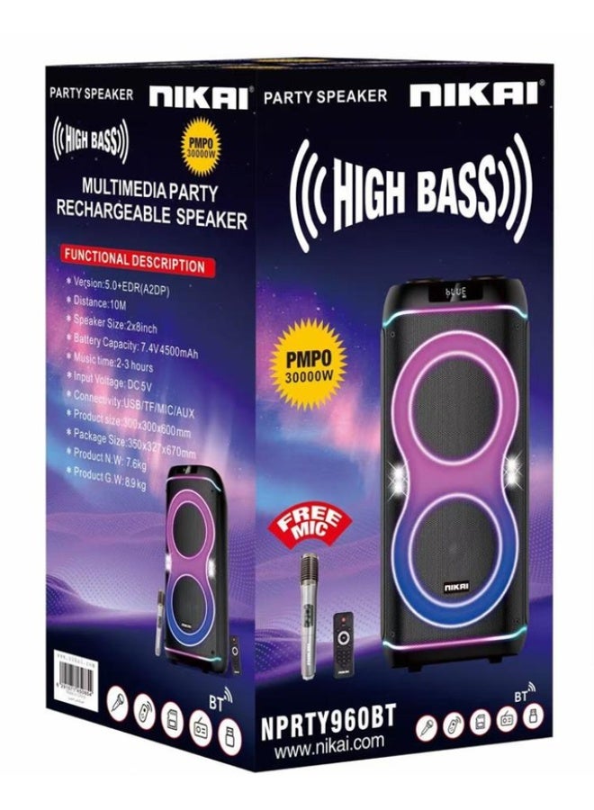 NIKAI Multimedia Party Speakers Rechargeable, 60 Watts, with 2x 8inch Subwoofer, Bluetooth, 30000 PMPO, 4500mah battery with one free wireless mic NPRTY960BT black - Image 2