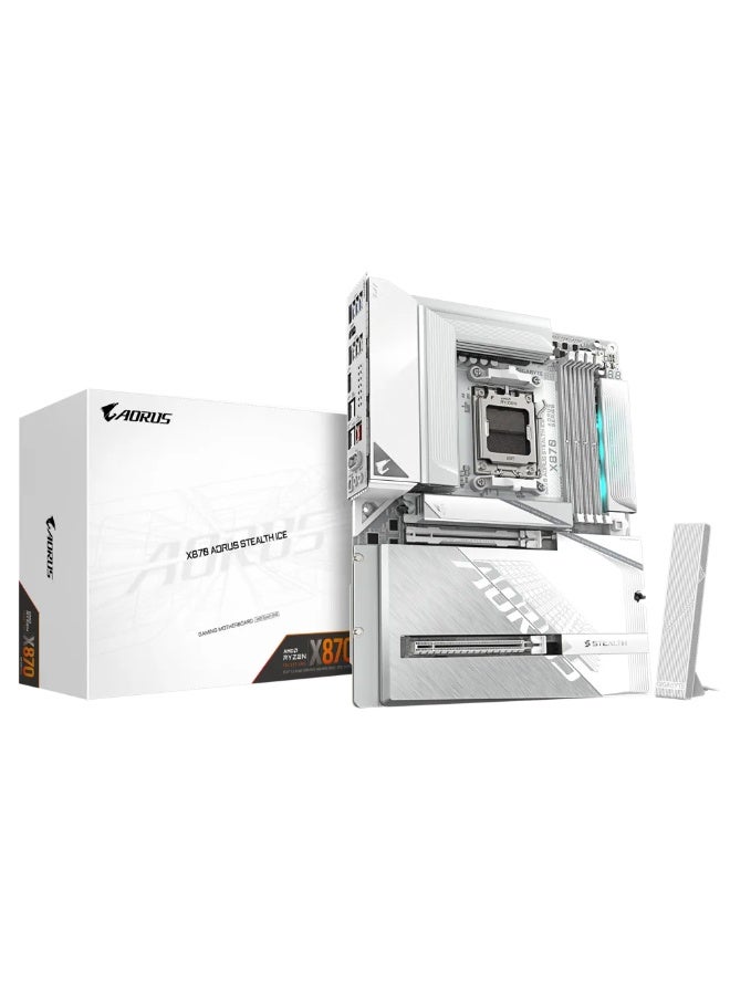 جيجابايت لوحة أم X870 AORUS STEALTH ICE، مقبس AMD AM5، ذاكرة DDR5، PCIe 5.0 x16، 18+2+2 مراحل طاقة VRM 80A، 4x فتحات M.2 (2x PCIe 5.0، 2x PCIe 4.0)، واي فاي 7 و5 GbE LAN، USB4، برنامج تشغيل BIOS مع برنامج تشغيل واي فاي مثبت مسبقًا، EZ-Latch، EZ-Plug، EZ-Debug، حل حراري M.2 EZ-Flex، موصلات عكسية بيضاء نقية | X870 A STEALTH ICE - Image 1