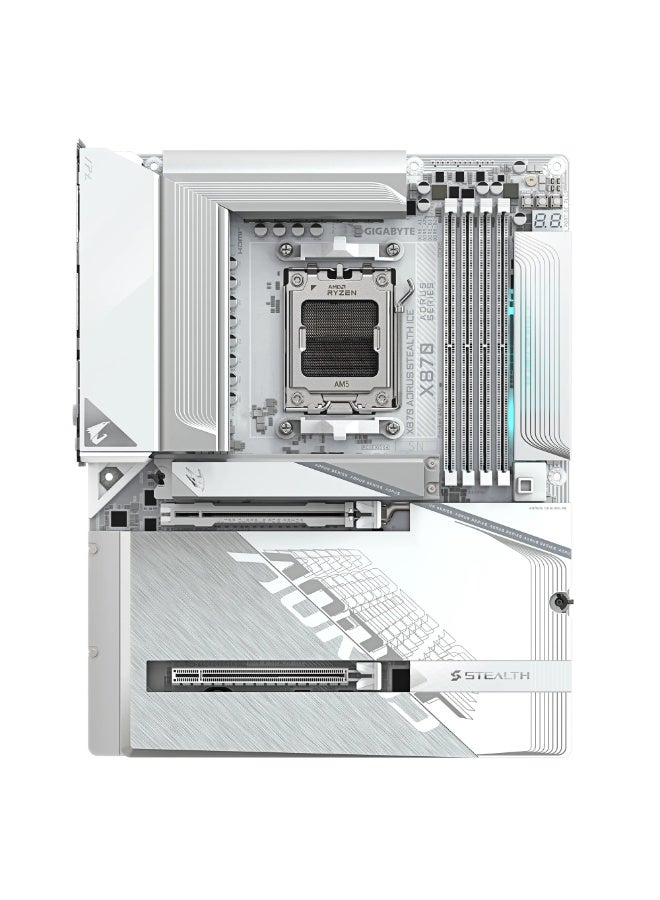 جيجابايت لوحة أم X870 AORUS STEALTH ICE، مقبس AMD AM5، ذاكرة DDR5، PCIe 5.0 x16، 18+2+2 مراحل طاقة VRM 80A، 4x فتحات M.2 (2x PCIe 5.0، 2x PCIe 4.0)، واي فاي 7 و5 GbE LAN، USB4، برنامج تشغيل BIOS مع برنامج تشغيل واي فاي مثبت مسبقًا، EZ-Latch، EZ-Plug، EZ-Debug، حل حراري M.2 EZ-Flex، موصلات عكسية بيضاء نقية | X870 A STEALTH ICE - Image 2
