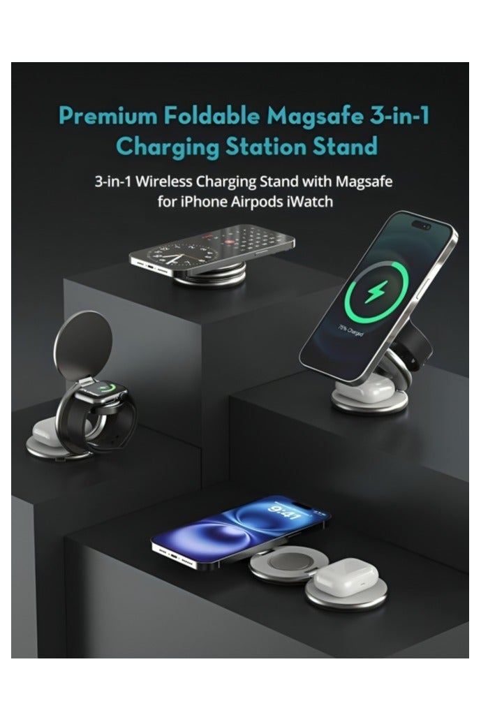 راف باور RAVPower RP-WC1008 Premium 3-in-1 Foldable 360° Rotating Charging Station for Phones,Apple Watch, and Headphones with 15W MagSafe Support black - Image 5