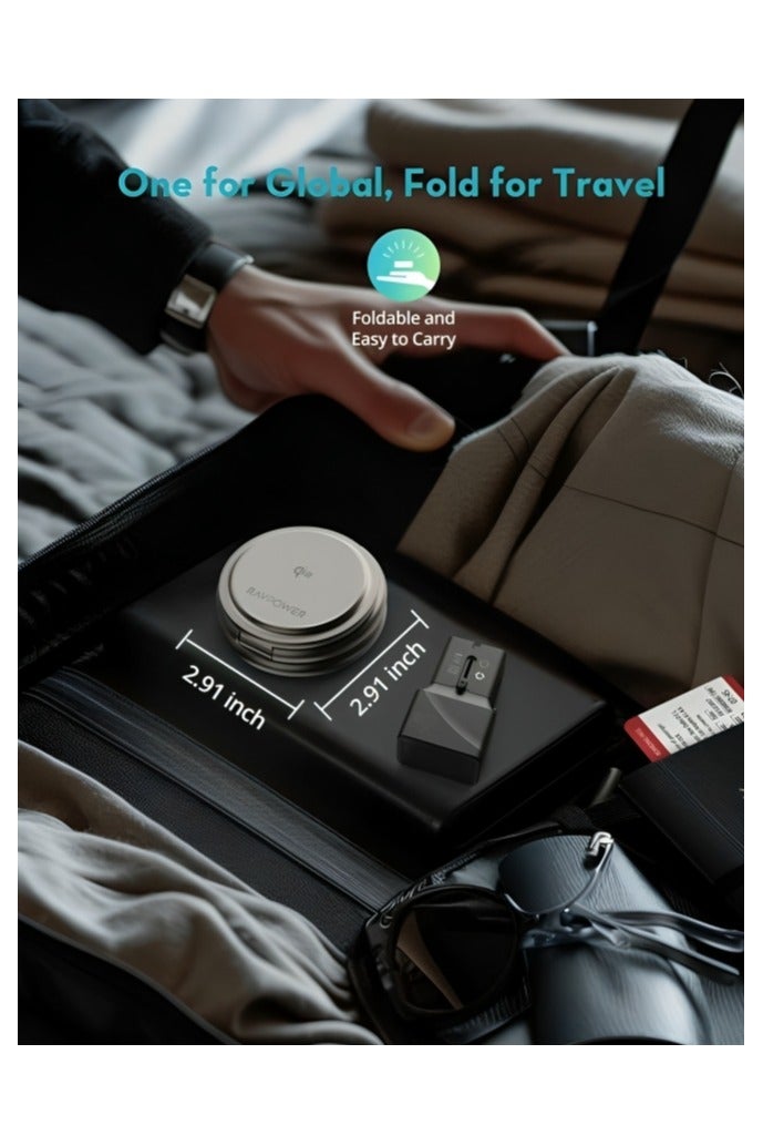 راف باور RAVPower RP-WC1008 Premium 3-in-1 Foldable 360° Rotating Charging Station for Phones,Apple Watch, and Headphones with 15W MagSafe Support black - Image 4