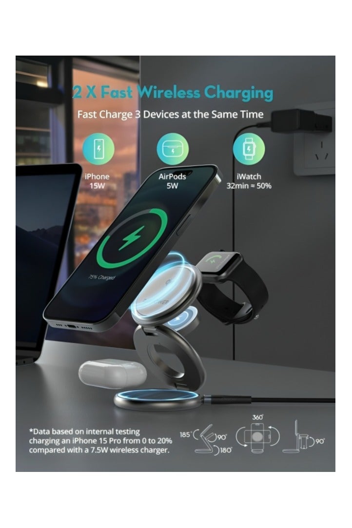 راف باور RAVPower RP-WC1008 Premium 3-in-1 Foldable 360° Rotating Charging Station for Phones,Apple Watch, and Headphones with 15W MagSafe Support black - Image 3