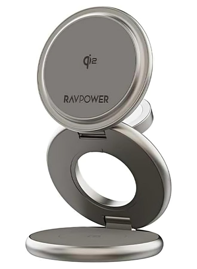 راف باور RAVPower RP-WC1008 Premium 3-in-1 Foldable 360° Rotating Charging Station for Phones,Apple Watch, and Headphones with 15W MagSafe Support black - Image 1