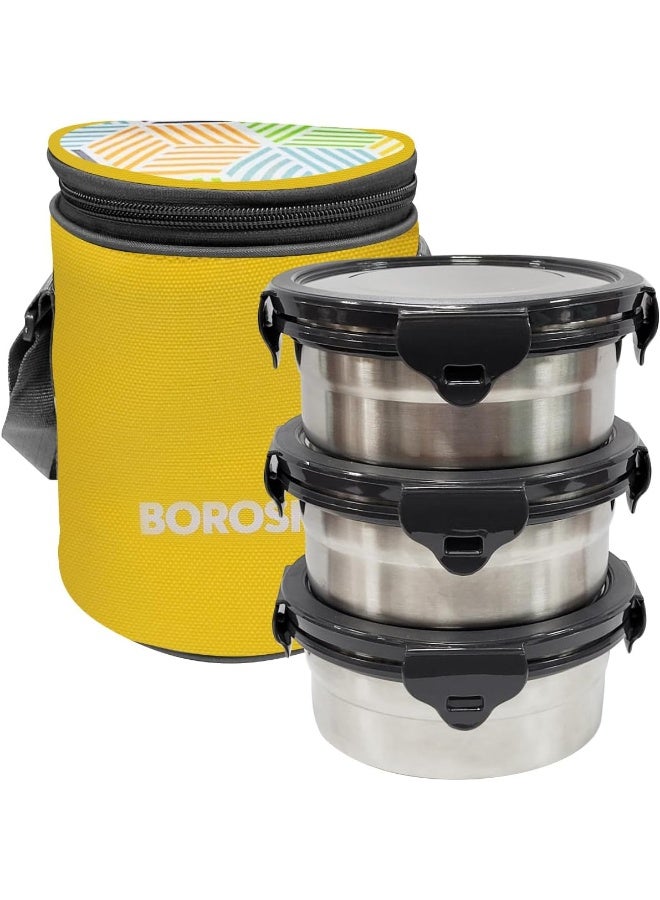 Borosil Sunshine Yellow Stainless Steel Lunch Box, Set of 3 Containers with Lunch Bag Sunshine Yellow 3 CONTAINER - Image 1