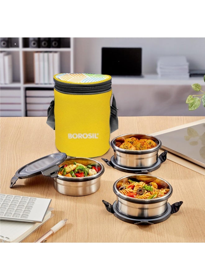 Borosil Sunshine Yellow Stainless Steel Lunch Box, Set of 3 Containers with Lunch Bag Sunshine Yellow 3 CONTAINER - Image 4