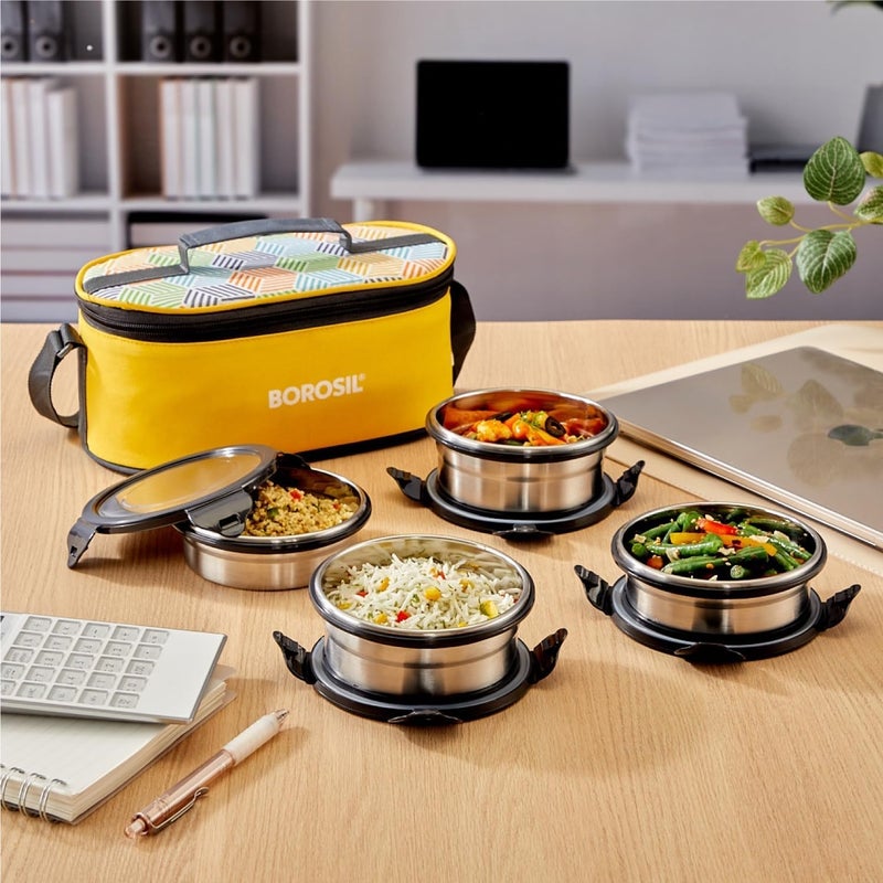 Borosil Sunshine Yellow Stainless Steel Lunch Box, Set of 4 Containers with Horizontal Lunch Bag Sunshine Yellow 4 CONTAINER - Image 4
