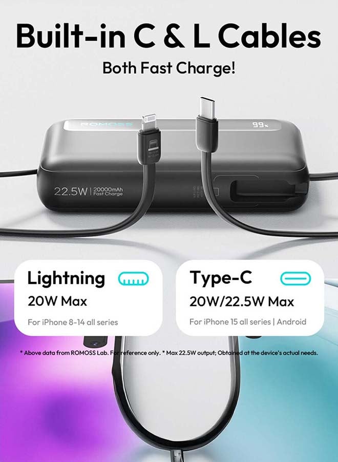 روموس بنك طاقة PPR10 بسعة 10000 مللي أمبير، رقيق للغاية، شاحن محمول، حزمة بطارية للشحن السريع، شحن سلكي سريع PD22.5W مع شاشة LED، كابل مدمج بطول 8 بوصات و 4 مخرجات، مناسب لـ iPhone 12-16، إلخ. - Image 3