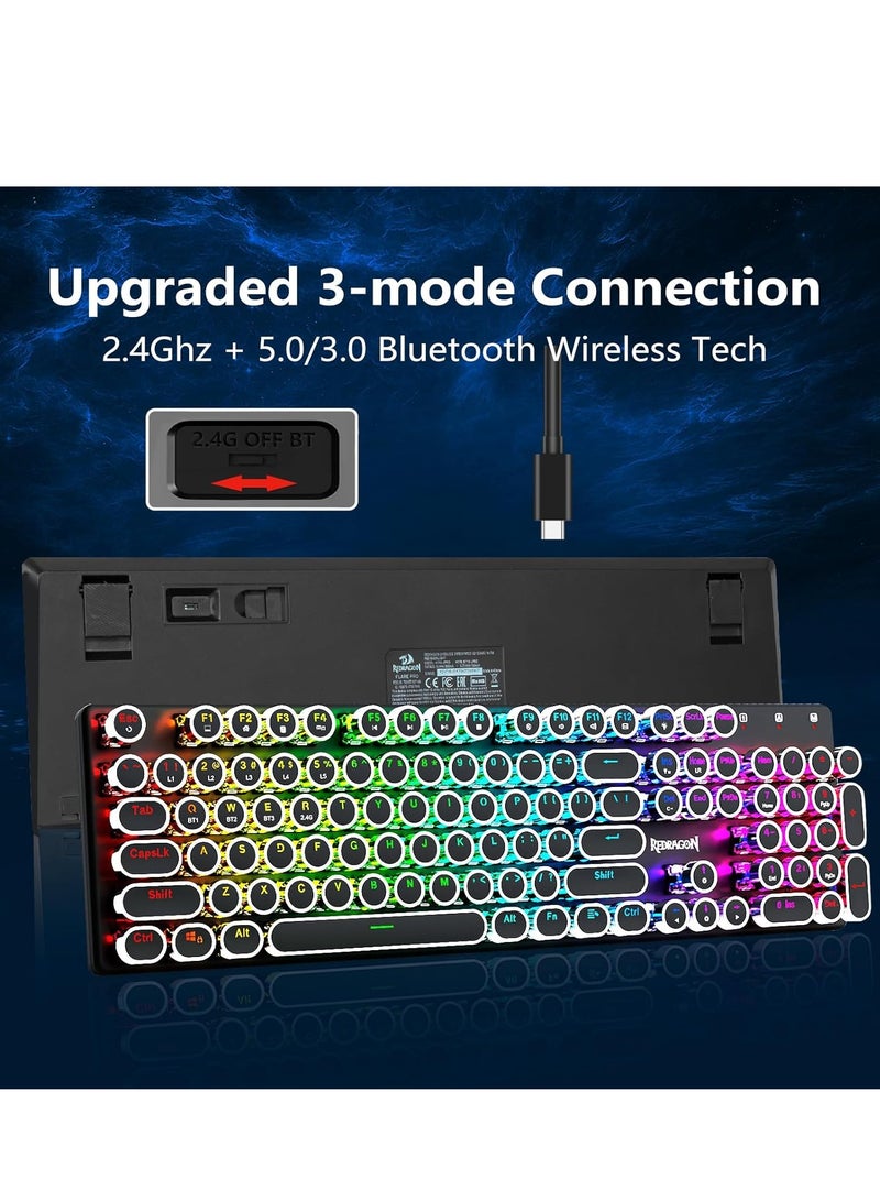 REDRAGON K710 Wireless Typewriter Style Mechanical Gaming Keyboard, Bluetooth/2.4Ghz/Wired, RGB Backlit, Rechargeable, Blue Switch - Clicky, Metal Panel, Round Keycaps, Black - Image 4