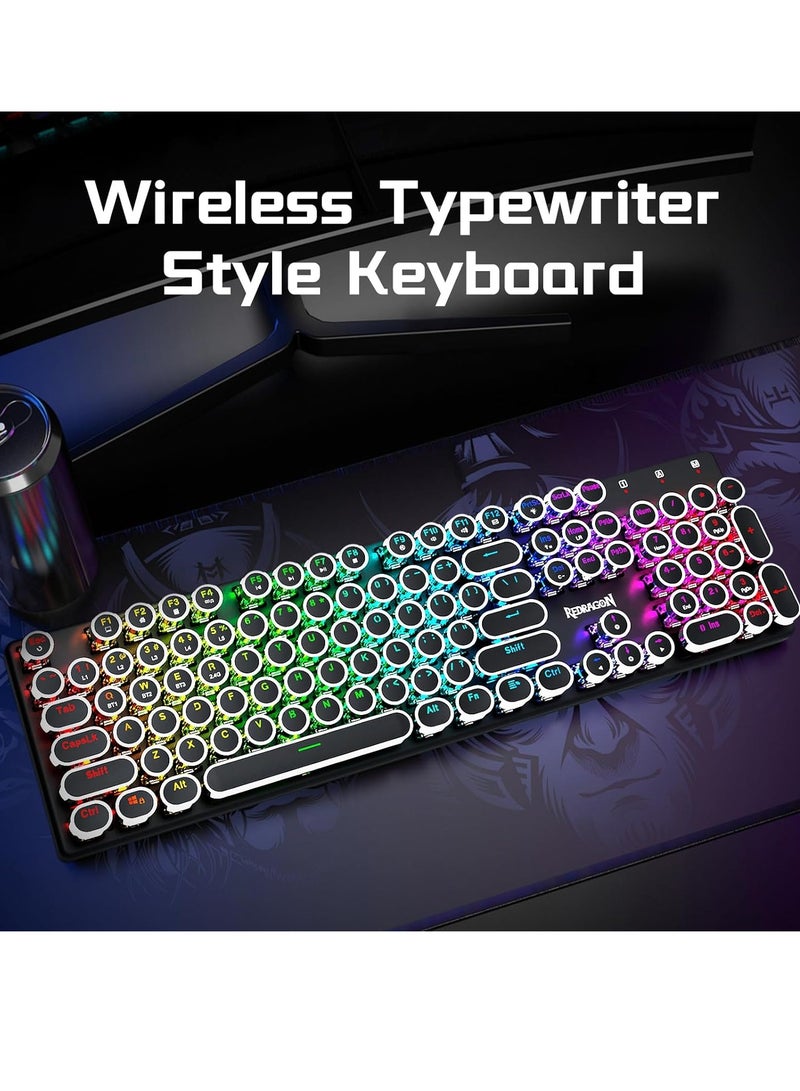 REDRAGON K710 Wireless Typewriter Style Mechanical Gaming Keyboard, Bluetooth/2.4Ghz/Wired, RGB Backlit, Rechargeable, Blue Switch - Clicky, Metal Panel, Round Keycaps, Black - Image 3